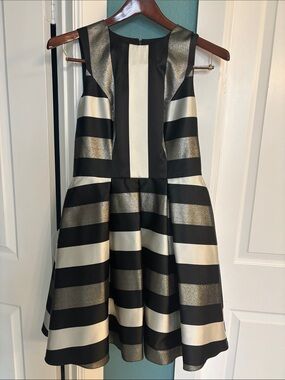 Forever Unique Black, Cream & Gold Striped Fit-and-Flare Formal Dress